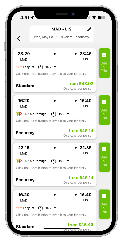 Nowy's flight integration feature